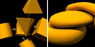 [Grafik] (1) Geometrische Körper, die mit Haken verbunden sind. (2) Eine abstrakte, in sich verschlungene Form.