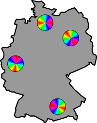 [Grafik] Deutschlandkarte mit unterschiedlich gedrehten Farbkreisen in Hamburg, Berlin, Köln und München