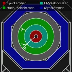 [Grafik] Querschnitt durch einen Detektor mit Spuren in Spurkammer, elektromagnetischem und hadronischem Kalorimeter