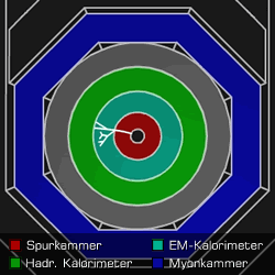 [Grafik] Querschnitt durch einen Detektor mit Spuren in Spurkammer und elektromagnetischem Kalorimeter